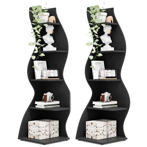 Image of Tribesigns Corner Shelf, Modern 5-Tier Wall Corner Bookshelf, Stylish Corner Small Bookcase Storage Rack Plant Stand with Unique Shape for Living Room, Home Office, (2PCS, Black)