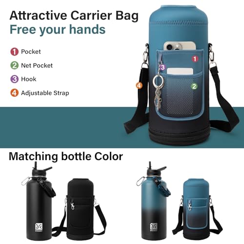 Insulated Water Bottle | Thickened Stainless Steel for Gym and Hiking with Straw, Carrier Bag, Handle Strap | BPA-Free 87 oz