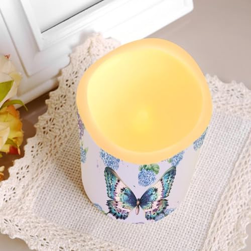 Image of Butterfly Hydrangea Plastic Flameless Candles with Remote Control and Timer LED Flickering Battery Operated Color Changing Electric Pillar Candles Decoration