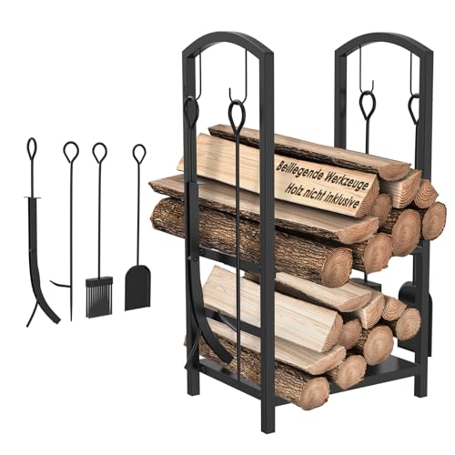 Suusolny Étagère à bois de cheminée avec 4 accessoires de cheminée, 2 niveaux, rangement en bois résistant aux intempéries, aide à l'empilage du bois de cheminée pour salon, couloir, terrasse