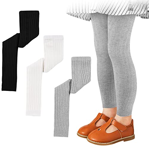 Booph 3 Pack Girl Legging Pants Knit Footless Tights 5-8 Years Black-White-Grey #TOP24