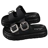 Clolinde Comfortable Summer Slide Sandals - Women's Fashionable Double Buckle Design, Non-Slip Sole, Versatile for Indoor/Outdoor Wear, Open Toe, Strappy (Black,7)