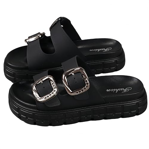 Clolinde Comfortable Summer Slide Sandals - Women's Fashionable Double Buckle Design, Non-Slip Sole, Versatile for Indoor/Outdoor Wear, Open Toe, Strappy (Black,7)