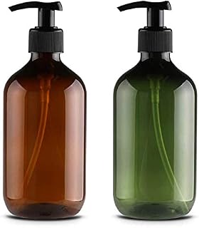 2 Pcs Empty Press Pump Bottles, 500ML/17oz Refillable Bottle for Cooking Sauces, Plastic Liquid Soap Dispenser Refillable Container for Essential Oils, Lotions, Shampoo, Conditioner (Brown Green)
