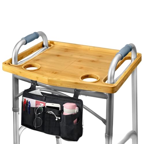 Walker Tray for Folding Walker19*15in, Mobility Table Tray with Cup Holder & Wheelchair Side Bag（14.2 * 17.9in） Fits Most Standard Folding Walkers for Elderly