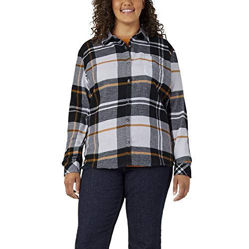 Dickies Women's Size Long-Sleeve Flannel Shirt, Black White Plaid, X-Large Plus