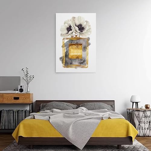 Image of BanLaArt Fashion Perfume Bottle Dark Gold With Dark Grey & White Poppy Canvas Print Poster Decorative Painting Canvas Wall Art Picture Print Modern Family Bedroom Decor 08x12inch(20x30cm), style-4