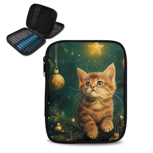 Vanideaoty Estojo de agulhas de crochê para gatos, organizador portátil de crochê sem ganchos e acessórios, organizador para agulhas de tricô, lavável