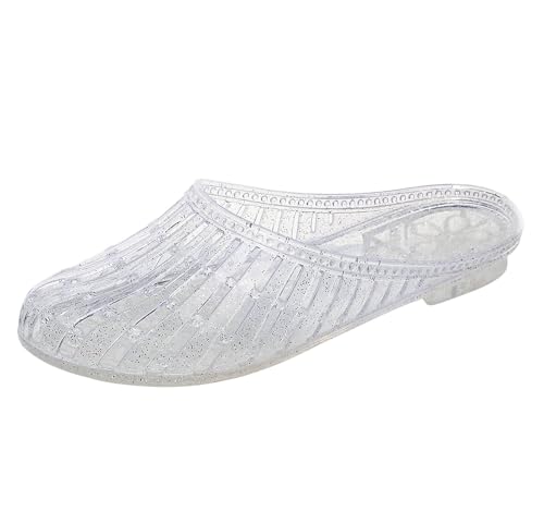 Image of Womens Jelly Shoes, White Jellies Sandals Glitter Clear Flats Slip On Summer Beach Slippers Transparent Closed Toe Soft Slide