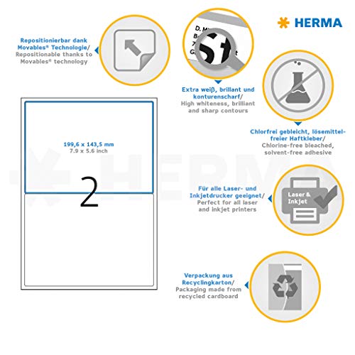 Herma Self Adhesive Removable Multi-Purpose Labels, 2 Labels Per A4 Sheet, 50 Labels For Printers, Large, 199.6 X 143.5 Mm (10020) #TOP4