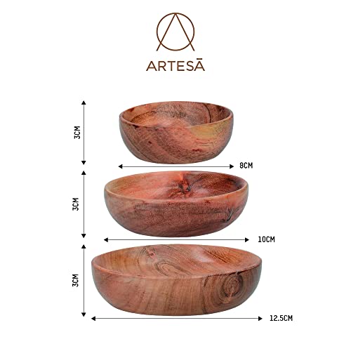 Creative Tops Naturals Lebensmittelechte dekorative Dipschalen aus Holz (3er-Set) 12.8cm (5 Zoll), 10.cm (4 Zoll) und 8 cm (3 Zoll), Tiefe jeweils 2 cm, Brown