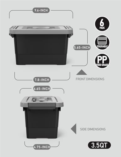 WYT Plastic Storage Bins with Lids and Latch, 6-Pack Small Stackable Plastic Organizing Box with Buckle and Handle, 3.5 Quart Durable Nestable Totes Containers (Black/Grey) - Image 3