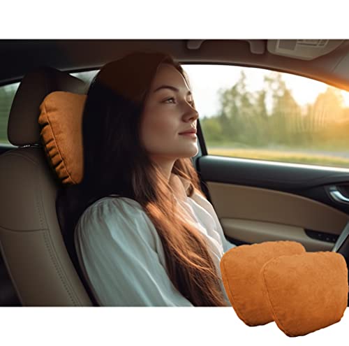 POKSRI 2pcs Car Neck Pillow for headrests,Support Drive Seats Head Cushion Pillows,Superfiber Suede,Plant-Based Polyester,Thickness & Height Adjustable,11.8x7.5,Inner Liner fillable(Orange Brown)