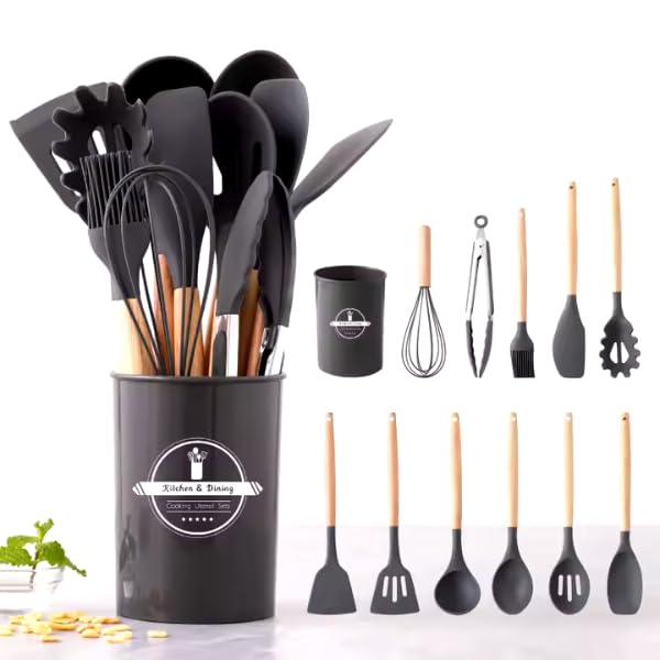 JD UNIQUE EXPRESS for 12 Pcs Silicone Cooking Utensil Kitchen Set,spatula & spoon Set with Wood Handles for Nonstick Cookware Set, Great Kitchen Tools,kitchen gadgets