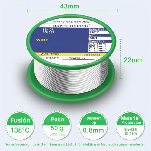 Miniatura 2 de Happy Finding Soldadura De Estaño, Baja Temperatura 138 Soldadura Sin Plomo Sn42 Bi58 0,8 Mm, 50 G