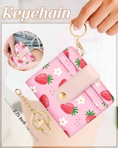 Image of Bistup Small Card Wallet for Women with Keychain, Strawberry | Clear ID Window, Compact Design for Daily Carry, Durable Material, Sturdy Keychain, Aesthetic