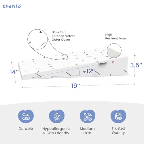 Image of Cherilo Standard Elevated Wedge Pillow for Baby Crib & Mattress, Elevate Baby to Prevent Acid Reflux, Colic, Gerd, Heat Burn, 14 inch X 19 inch X 3.5 inch - with Removable Cover - Triangle Design - White