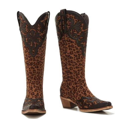 ZXHYZLZ Women's Knee High Leopard Print Cowboy Boots – Western Cowgirl Boots with Mid Heel Pull-On Style3