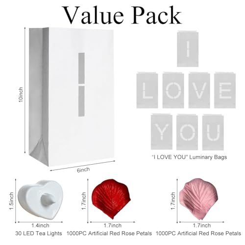 Image of Valentines Day Decorations, Special Night Romantic Decorations - I Love You Light Up Letters Luminary Bags with Bright Flameless Tea Candles and Fake Rose Petals, Happy Anniversary