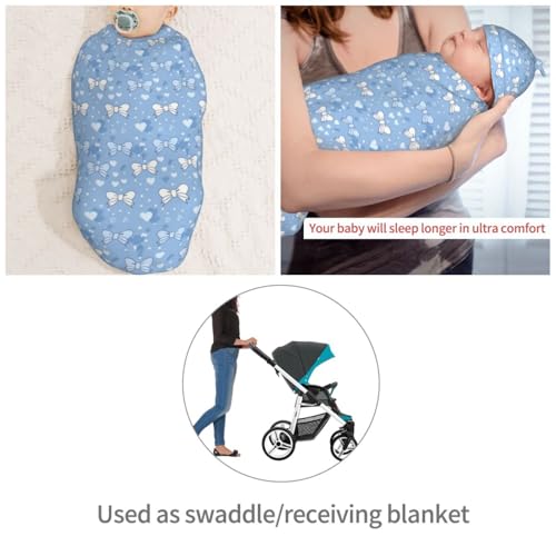 Image of Light Blue Bows and Hearts Newborn Swaddle Blankets Hat Sets Soft Baby Receiving Blanket Swaddle Sack for Baby Shower Infant Boy Girl Gift
