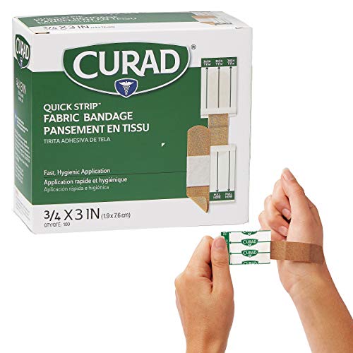 Curad NON25650QSZ Quick Strip Fabric Adhesive Bandages with Easy Application Wrapper, Standard Bandage Size is .75 x 3 inches, 100 Count