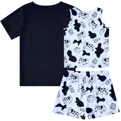 uideazone Girls Pajamas 3 Pieces Set Shirts&Tank Shorts Pjs Sets Cute Sleepwear Size 5-142