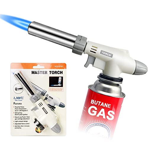 Image of Butane Torch Kitchen Blow Lighter / 360 Degree Reverse Professional Chef Culinary Torch with Safety Lock and Adjustable Flame for Cooking (Butane Gas Not Included)