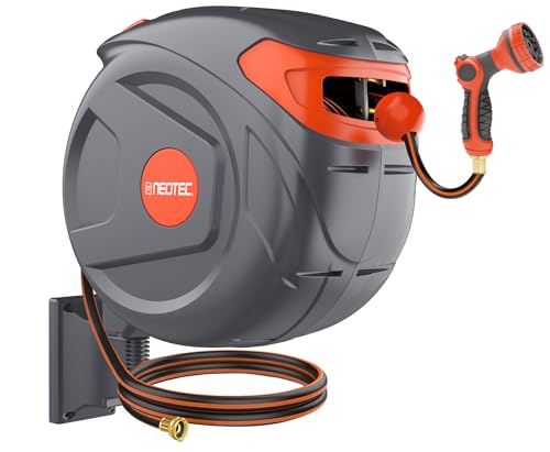 NEO-TEC 100 ft Retractable Garden Hose Reel, 1/2 Inch Heavy Duty Wall Mount with Slow Return System, Any-Length Lock & 180° Swivel, 3-Layer PVC Hose Cover, Includes 9-Pattern Nozzle & Brass Fittings