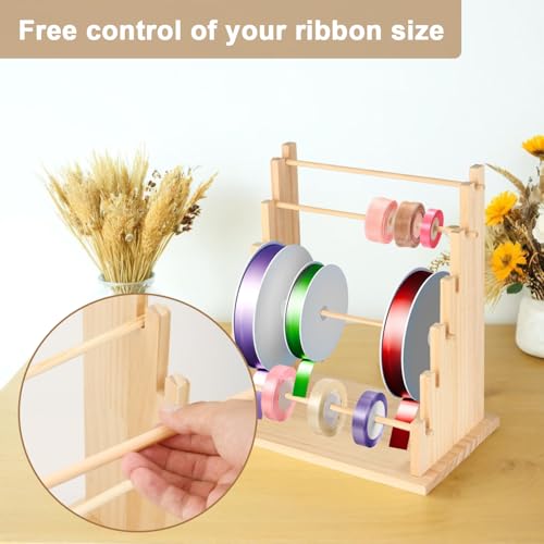 Image of 6 Tier Wooden Ribbon Organizer Rack, Large Capacity Ribbon Holder, Ribbon Spool Holder Stand, Washi Tape Storage Organizer, Wooden Sewing Organizer Display Shelf for Craft Room,Cake Shop,Flower Store
