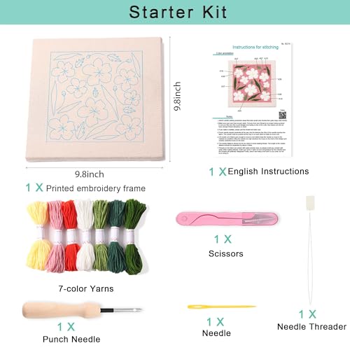 Image of REEWISLY Embroidery Punch Needle Kit Frame, Starter Kit for Beginner, Fabric with Pattern, Threader, Yarns, Pinch Needle, Embroidery Hoops & Rug Punch (Rose red)