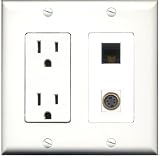RiteAV - 15 Amp Power Outlet and 1 Port S-Video and 1 Port Cat6 Ethernet Black Decorative Type Wall Plate White