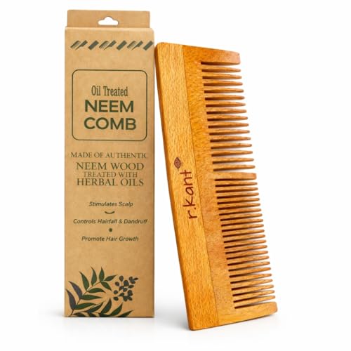 Image of R.Kant Neem Wood Comb for Women & Men | Dual Teeth Wooden Hair Comb | Wide & Fine Tooth Detangling Shampoo Comb | Anti-Static | Smooth Rounded Teeth | Gentle Scalp Massage | Natural Wooden Comb | 1 Piece
