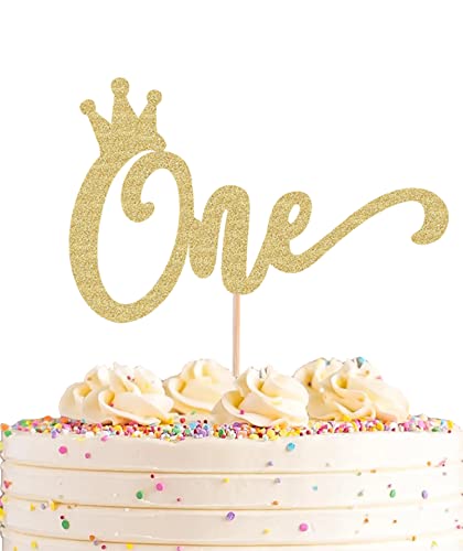 AHAORAY 1st Birthday Crown Cake Topper - Gold Glitter First Birthday Cake Decoration, Perfect for Baby Shower/Gender Reveal Party/Baby Party Photo Booth Props