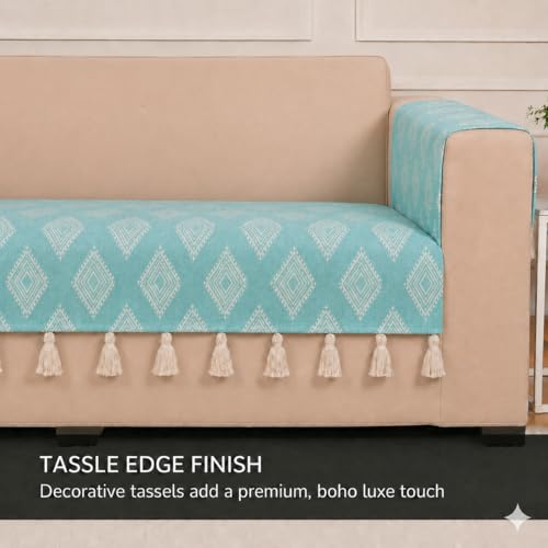 Image of STITCHNEST 'Verdant Rekhika Stories' 2 Seater Sofa Cover| Elegant Jacquard Fabric, Decorative Tassels, Washable & Durable for Modern Living