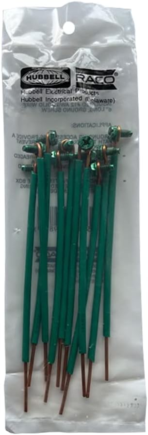 RACO 8983-1, Grounding Pigtails, 12 Solid Insulated Copper Wire, 6" Length with 10-32 Captive Green Ground Screw with 4-Way Combo Head (10pc Pack)