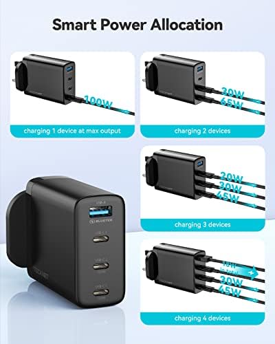 100W USB C Charger,TECKNET 4-Port GaN PD 3.0 PPS USB C Charger Plug with E-marker Type C Fast Charging Cable, Laptop Charger Compatible with MacBook Pro/Air, iPad, iPhone 14, Samsung, Pixel and more