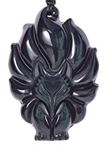 Obsidian Crystal Nine Tail Fox Necklace Amulet Pendant With Bead Chain For Wen Or Women (Rainbow Fox) #TOP1