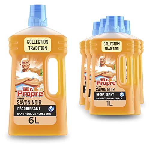 Mr. Propre Nettoyant Multi-Usages, 6 X 1L, 100% Sans Traces et Résidus Agressifs, Parfum Savon Noir, À Utiliser Pur ou Dilué pour le Ménage de Toute la Maison