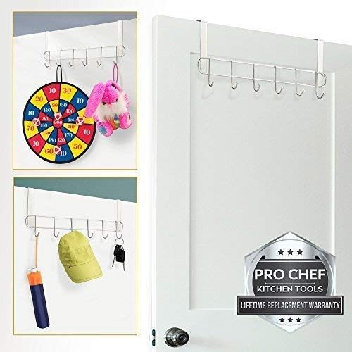 Pro Chef Kitchen Tools Over The Door Hook - General Purpose Storage Racks - 6 Coat Hooks - No Drill Towel Rack for Bathroom Storage Closet - Behind The Door Organizer Clothes Rack - Key Broom Hanger