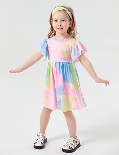 Adifun Toddler Girl Dress 5T-6T Girl Dress Summer Colorful Tie Dye Ruffle Sleeve Dresses For Girls Casual Headband 2Pc Toddler Girl Clothes… #TOP1
