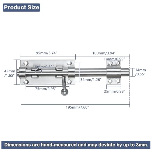 Image of Alise Slide Lock SUS304 Stainless Steel Gate Latch, Slide Bolt Latch,Thickened Heavy Door Latch Lock,8 Inch Brushed Barrel Bolt Latch, Security Slide Latch Lock