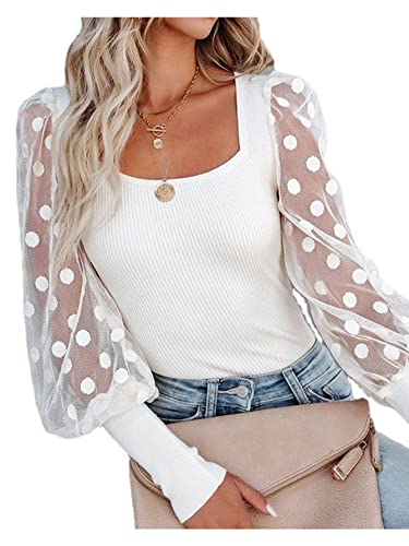 LYANER Women’s Square Neck Blouse Sheer Mesh Lantern Sleeve Polka Dot Knit Business Casual Tops Shirts