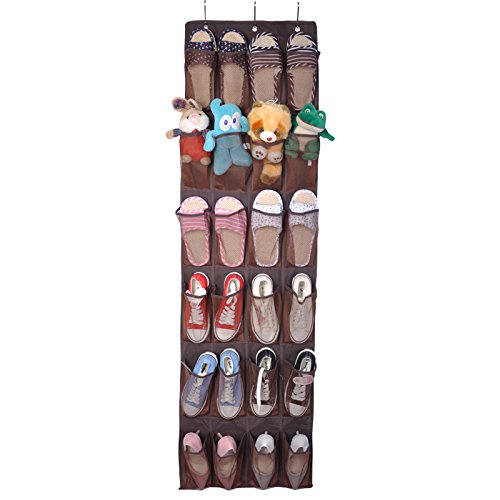 Porte-Chaussures Suspendu 24 Poches - Sac Rangement Nylon - 3 Crochets - Pour Porte - Brun