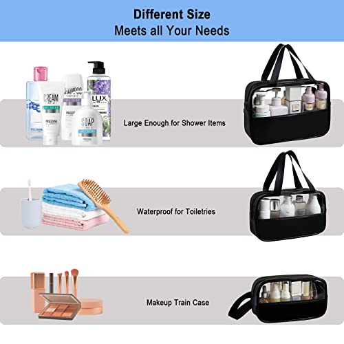 3 Pack/Size Waterproof Travel Toiletry Bag, Clear Cosmetic Makeup Bags PVC and Black PU Splicing, TSA Approved Carry on Pouch, Portable Travel Organizer for Vacation, Bathroom, Airplane2