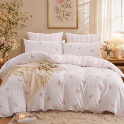 Tospass Bettwäsche 135x200 Schleifen Rosa Schleife Gestreift Bettwäsche Set – Ansicht 1