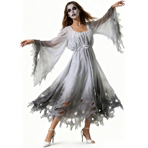 Gossamer Ghost Kostüm, Halloween Kostüm DamenDamen, Horror Zombie Kostü-m, Halloween Geister Kostüm Gruselig Erwachsene Gruseli-ge, Gruselige Kleidung Vampirkleid, Gothic Victorian Weiß Schick Kleid