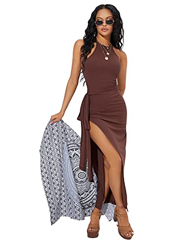 Shein Women's Sexy Sleeveless Halter Neck Side Slit Tie Knot Bodycon Long Dresses Chocolate Brown X-Large #TOP4