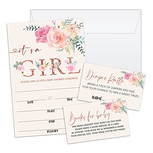 Blush Pink Floral Baby Shower Invitation Cards With Envelopes, Diaper Raffle Tickets, Baby for Book 100 piece set, Gender Reveal Party for Baby Boys & Girls, Gender Neutral Party Supplies/tz-a011