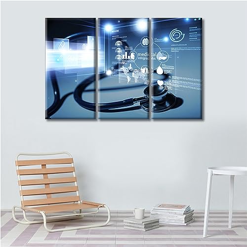 Image of 3 Panels Stethoscope and Medical Framed Wall Art Medical Stethoscope and Infographic Canvas Photo Art Prints Medical Prints for Wall Decor Giclee Gallery-Wrapped Posters and Prints (36 inch Wx24 H)