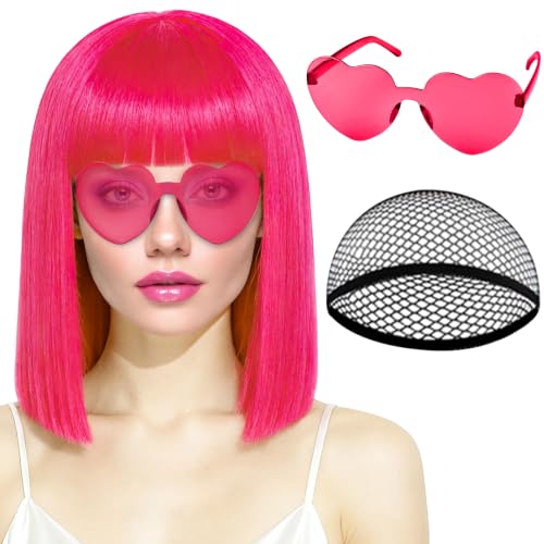 PLULON Hot Pink Bob Wig with Bangs, Short Straight Bob Wig with Heart Sunglasses 12Inch Shoulder Length Heat Resistant Synthetic Hair for Women Natural Look Daily Use Cosplay Halloween Costume Party